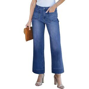 Women's Wide Leg Stretchy Denim Jeans High Waisted Ankle Pants Trendy